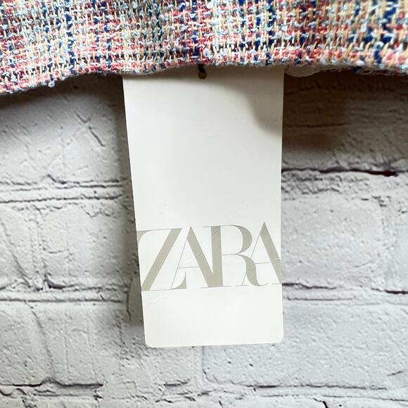 Zara Tweed Bustier Top Pink Blue XL Plaid Checkered Metallic Threading Crop Top - Picture 5 of 12